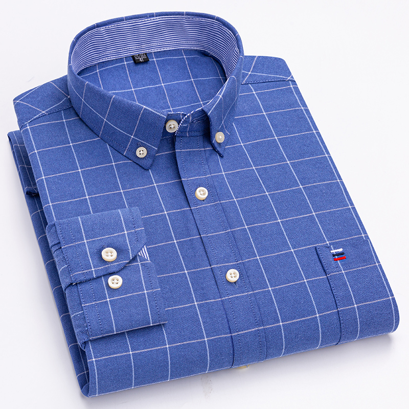 Oxford Cotton Casual Shirt Business - Kemeja kotak-kotak bergaris pria Oxford katun