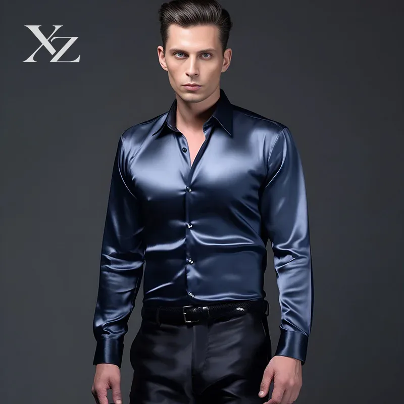 Kemeja Pria Bahan Satin Bertek - Mens Satin Silk Dress Shirt ulasan dan harga