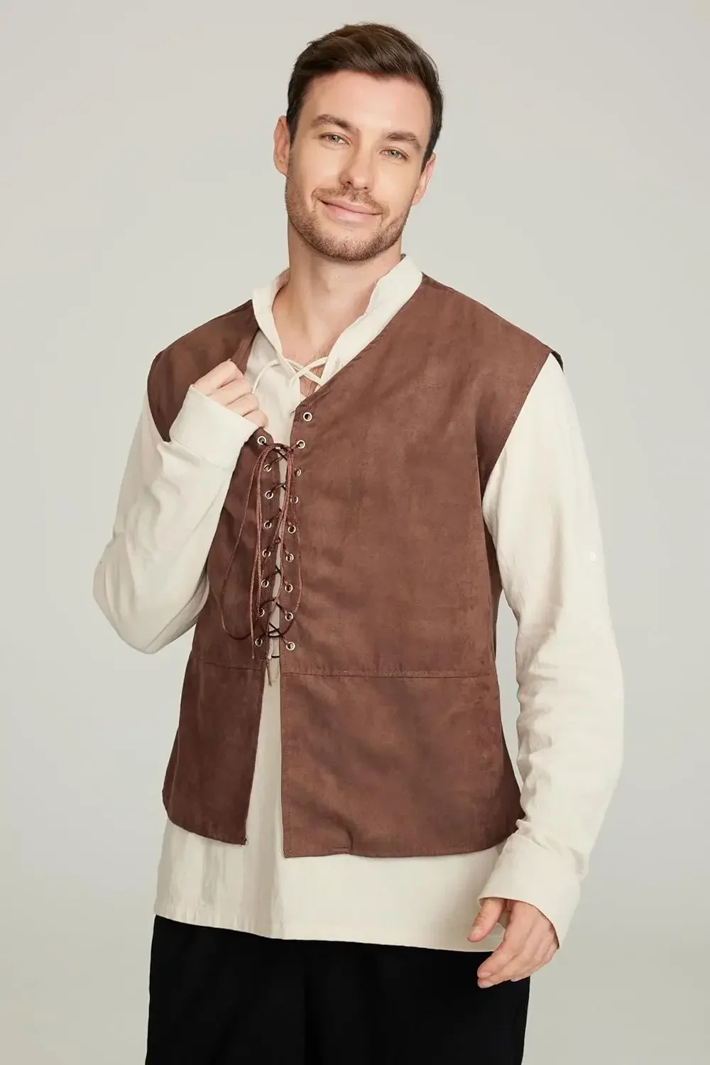 Set 2-Potong Rompi Bajak Laut  - Medieval Gothic Lace Up Pirate Shirt ulasan dan harga