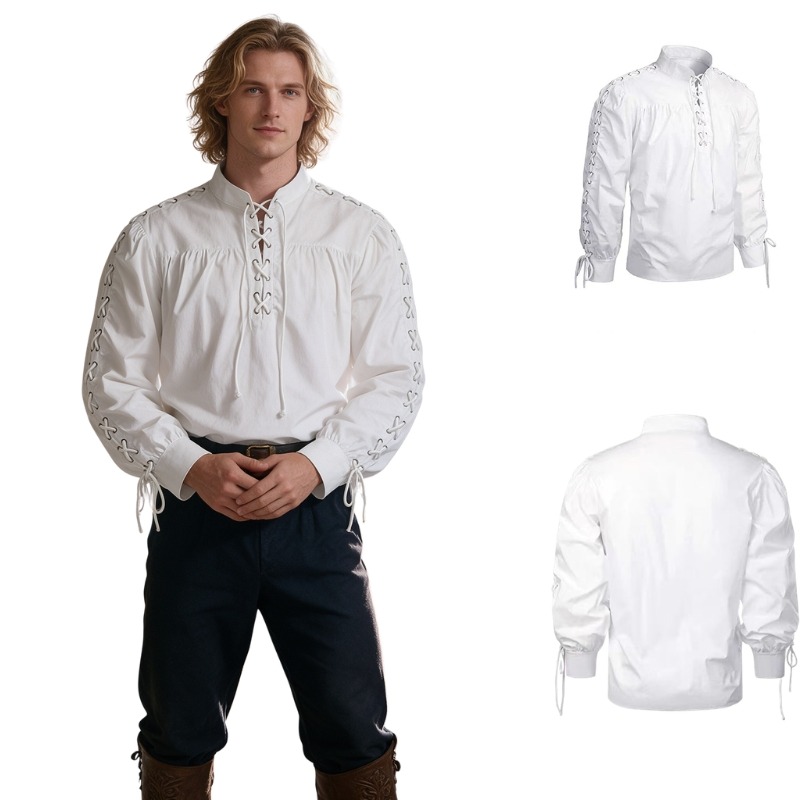 Kemeja Lengan Panjang Kerah Ti - Medieval Gothic Lace Up Pirate Shirt ulasan dan harga