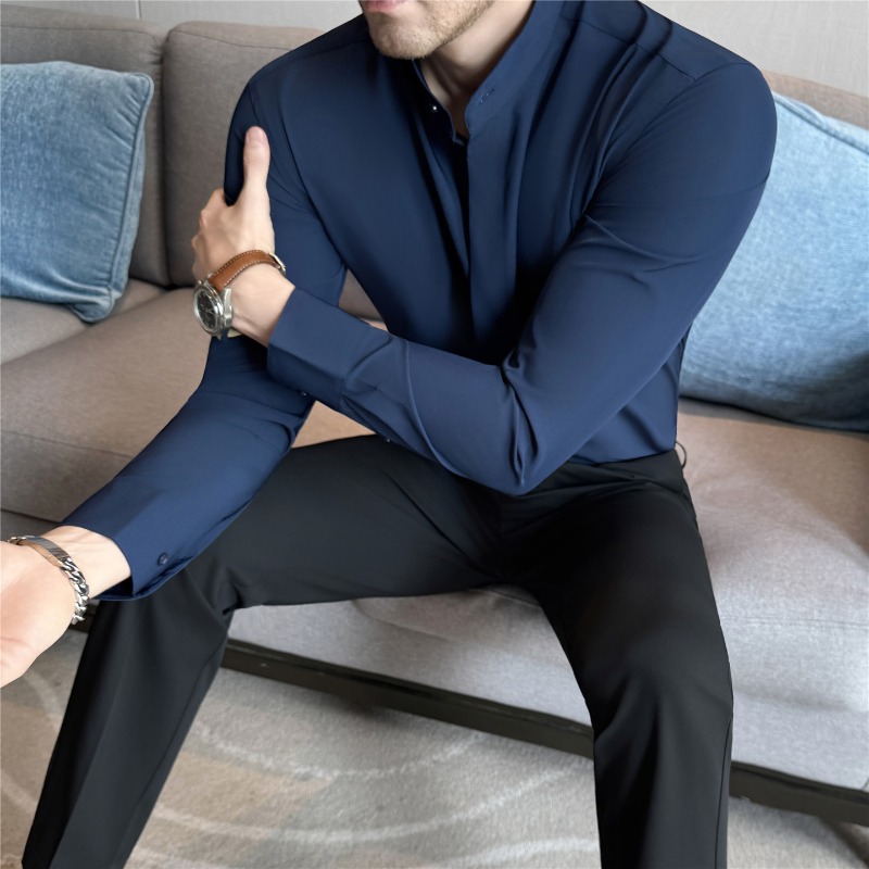 Kemeja Pria Gaya Inggris Kerah - Mandarin Collar Formal Shirt Slim Fit ulasan dan harga