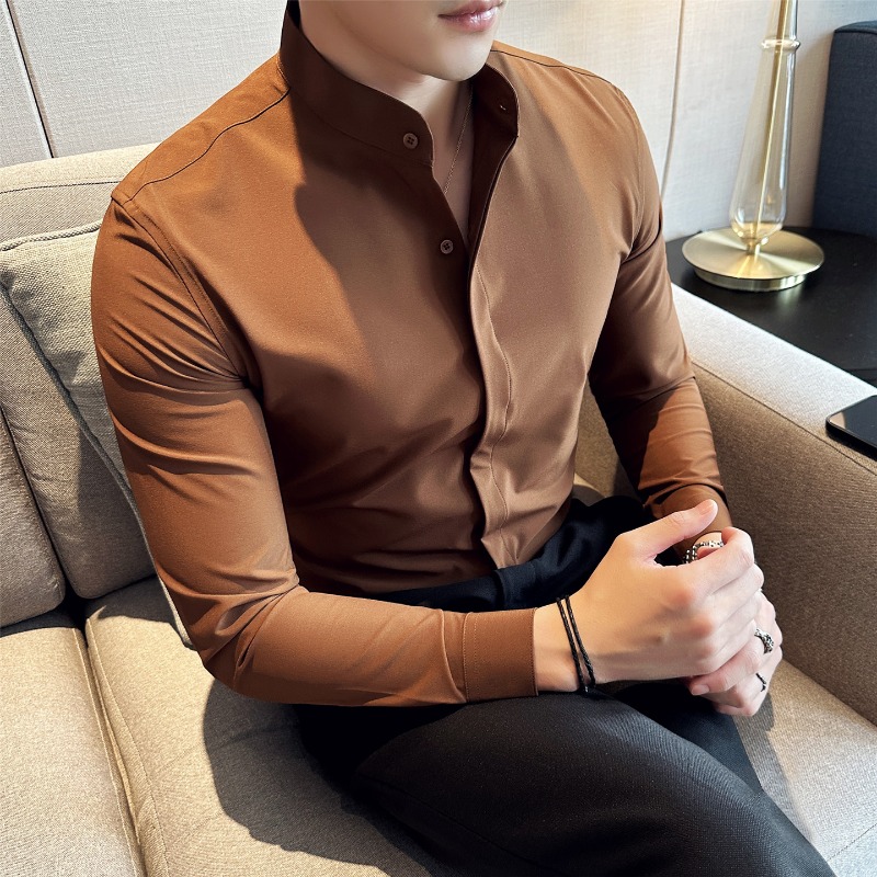Kemeja Pria Gaya Inggris Kerah - Mandarin Collar Formal Shirt Slim Fit ulasan dan harga